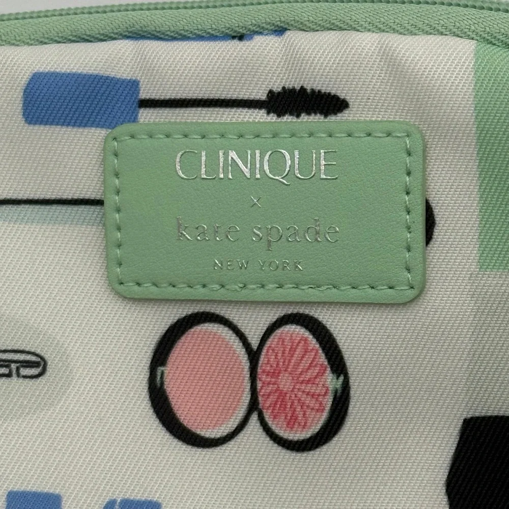 Kate Spade x Clinique Makeup Bag Set Blue Patent & Cosmetic Print 2 Piece Pouch